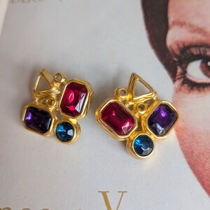Trifari Gold Earrings with Red, Purple, and Blue Gems